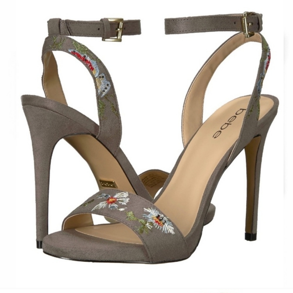 Bebe Suede Embroider Floral Crystal Heels